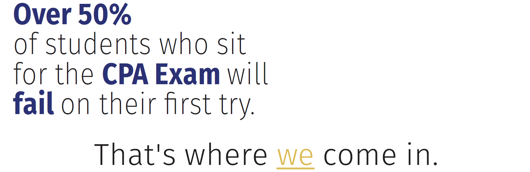 Over 50% of students who sit for the CPA Exam will fail on their first try.